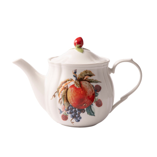 Fine China teapot with fruit design on a white background